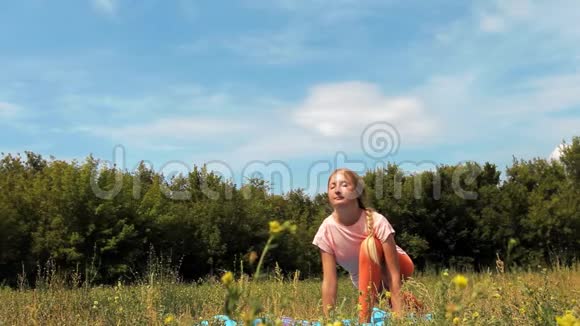 一个阳光明媚的夏日一个可爱的成年女孩在公园户外做瑜伽视频的预览图