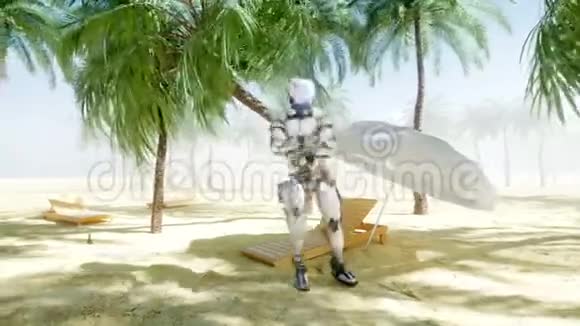 有趣的机器人在阳光明媚的海边跳舞旅游和休息理念逼真的4K动画视频的预览图