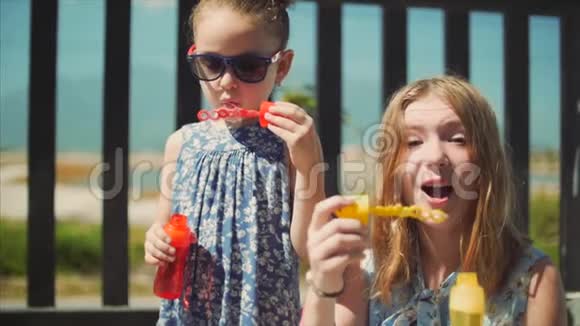 幸福微笑的家人姐妹们都在玩耍在夏天的户外吹肥皂泡库存录像视频的预览图