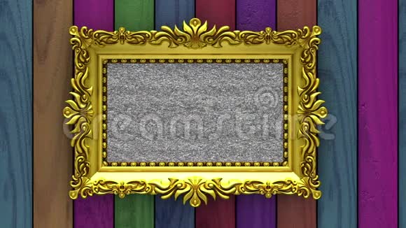 相机沿着金色相框移动在彩色木材背景无缝循环三维动画带电视的袜子视频的预览图