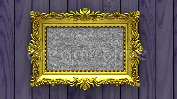相机沿着紫色木材背景上的金色相框移动无缝循环三维动画带着电视噪音和视频的预览图
