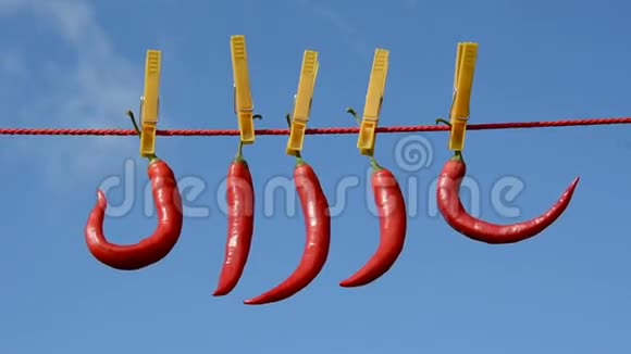 晾衣绳和风上五个红辣椒视频的预览图