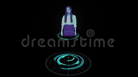 全息图女孩走在抽象的地板上电脑图形黑色背景视频的预览图