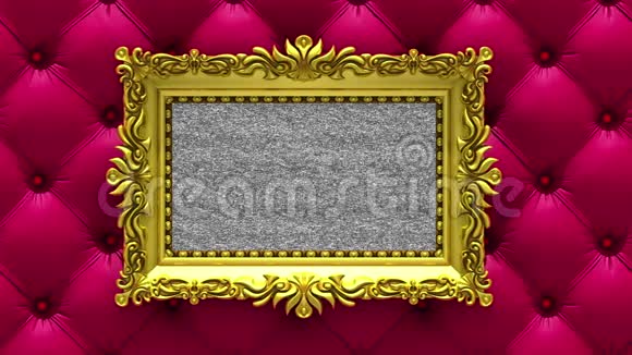 相机沿着金色相框移动在豪华红色装潢背景无缝循环三维动画带电视的袜子视频的预览图