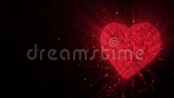 抽象循环动画背景旋转发光的3D红宝石心形成碎片和立方体的红色旋转与杂散碎片视频的预览图