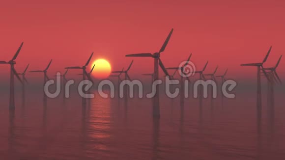 日出时4k风车涡轮机在海上清洁绿色风能新动力视频的预览图