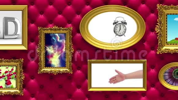 图片库三维动画豪华红色装潢背景上的金色相框正在播放的各种视频视频的预览图