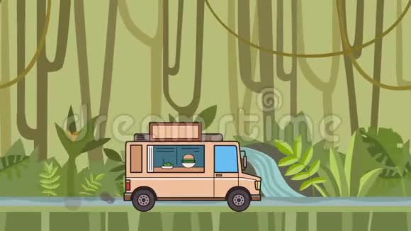 动画食品卡车穿越热带雨林移动车辆在丛林河背景平面动画视频的预览图
