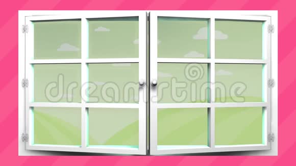 在一扇粉红色背景上打开的白色窗户里有一个不同颜色的心脏形状的花田视频的预览图