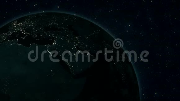从太空看到地球上的日出非洲和美洲区世界在恒星中的黑色宇宙中旋转高德塔视频的预览图