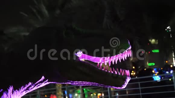 阿联酋迪拜2017年11月20日迪拜花园小丑公园的恐龙公园夜间照明aa视频的预览图