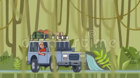 带着行李的动画车在屋顶和微笑的家伙在车轮后面骑过雨林移动车辆视频的预览图