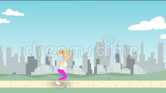 年轻女子沿着公园的道路向城市天际线奔跑循环卡通动画视频的预览图