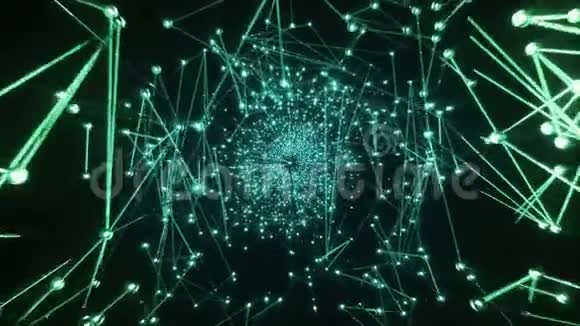 抽象的飞行通道分子和恒星的绿色隧道视频的预览图