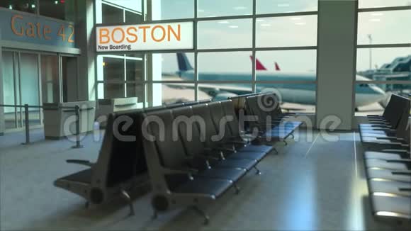 波士顿航班现在机场航站楼登机前往美国的概念介绍动画视频的预览图