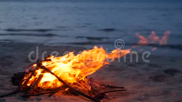 夏日的傍晚海滩上熊熊燃烧的篝火本质上的篝火作为背景日落时在白沙海岸烧木头视频的预览图