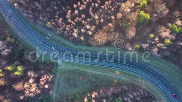 从秋林环绕的道路上的交通高度看视频的预览图