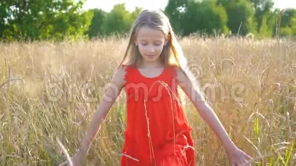 漂亮的金发小女孩开心快乐的笑脸红裙子视频的预览图