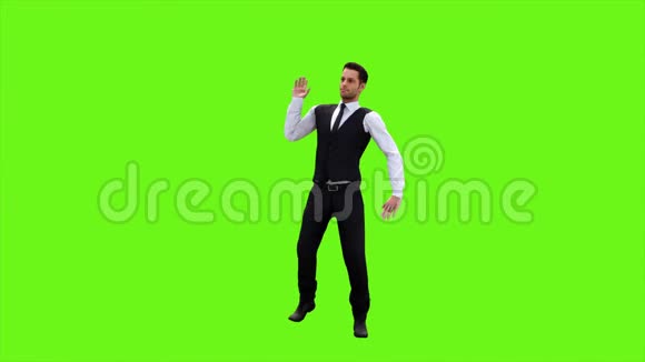 年轻商人在绿色屏幕背景下成功交易后跳舞循环动画4k视频的预览图