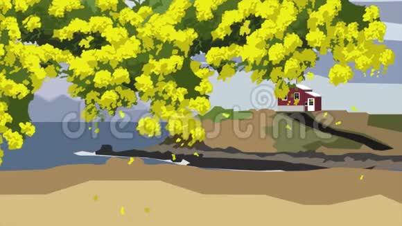 黄树景观的抽象动画风花雪月的卡通动画视频的预览图
