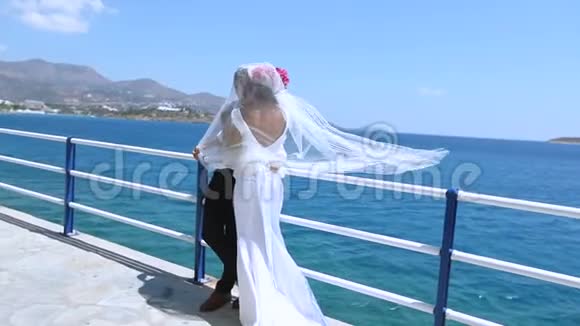 结婚纪念日大海背景下的新婚快乐视频的预览图