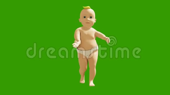 一个小婴儿在绿色屏幕的背景下欢快地跳舞三维可视化一个跳舞的孩子的动画视频的预览图