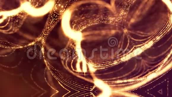 带有辉光粒子的循环科幻动画的三维渲染形成滚动环结构像暗金色一样的无缝镜头视频的预览图