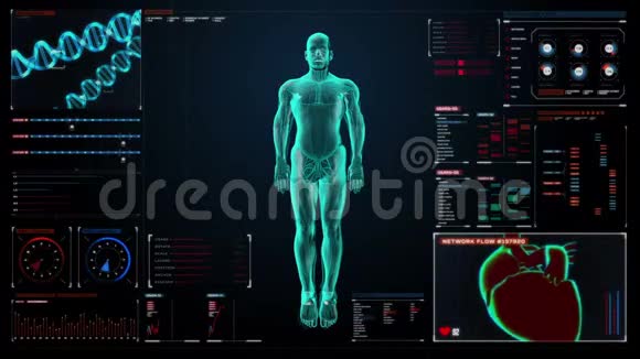 数字显示仪表板中男性身体的扫描脑X光透视视频的预览图