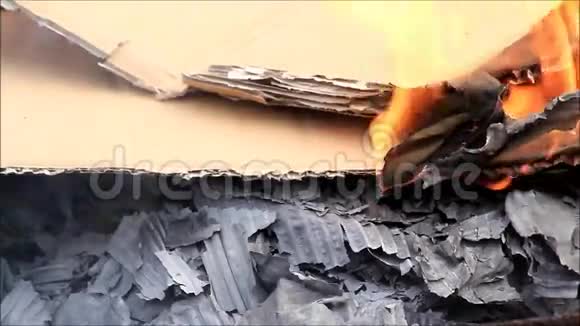 燃烧的纸板燃烧的火焰和灰烬视频的预览图
