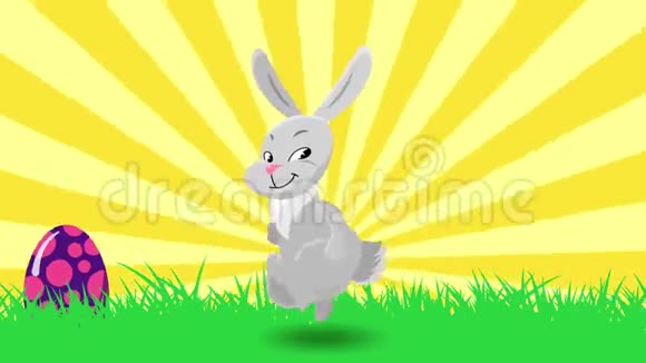 可爱的舞蹈兔子和弹跳的鸡蛋节日快乐复活节贺卡动画视频的预览图