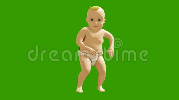 一个小婴儿在绿色屏幕的背景下欢快地跳舞三维可视化一个跳舞的孩子的动画视频的预览图