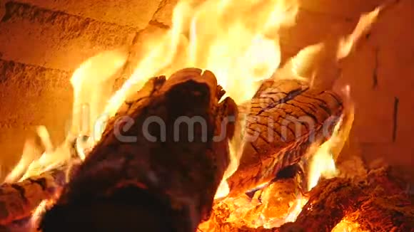 在壁炉的特写燃烧的原木火和火焰中燃烧木柴视频的预览图