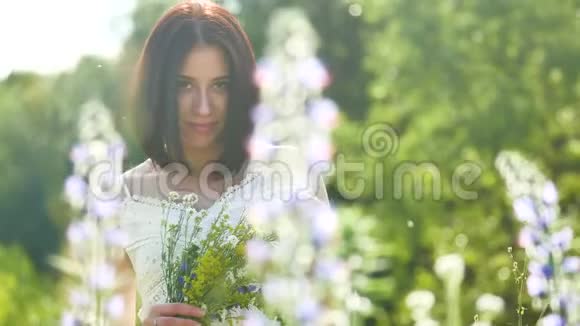 快乐的女孩在一个有花的田野里女孩在田野里微笑的女人拿着一束户外鲜花视频的预览图