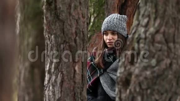松林中的女孩寒冷的秋天视频的预览图
