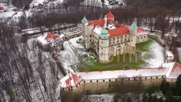 从波兰冬季的诺伊维斯尼茨城堡的高度来看视频的预览图