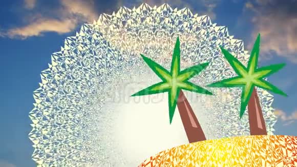 棕榈树的背景是旋转的曼陀罗太阳和蓝天视频的预览图