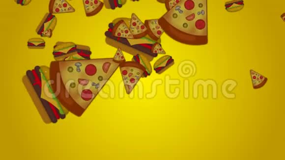 黄色背景下的垃圾食品披萨和汉堡用于运动图形生日广告等视频的预览图