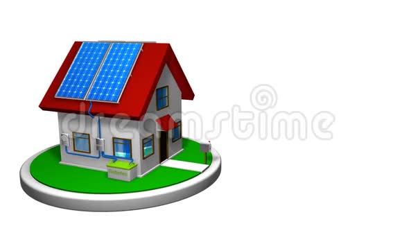 3D动画的一个小房子安装了太阳能系统红色屋顶上有4圆盘上的红色屋顶上有4圆盘上视频的预览图