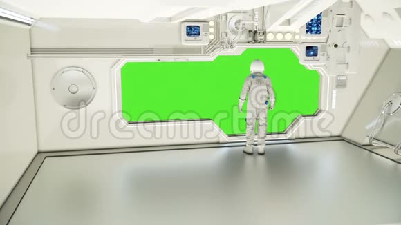 宇宙飞船上观察宇宙的宇航员绿色屏幕视频的预览图