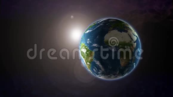 4K动画一个现实行星地球与太阳耀斑在空间视频的预览图