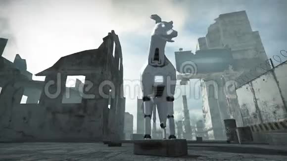 一只被毁城市的机器人狗的动画3D绘制视频的预览图