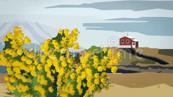 黄树景观的抽象动画风花雪月的卡通动画视频的预览图