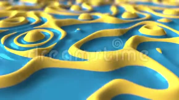 蓝色液体油漆上的抽象黄线视频的预览图