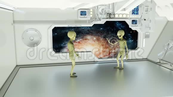 宇宙飞船上的外星人在争论背景星系不明飞行物的未来概念视频的预览图