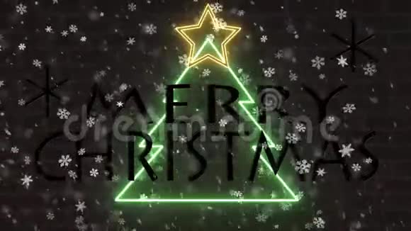霓虹灯圣诞树霓虹灯祝贺横幅星星和雪花飘落在砖墙上视频的预览图
