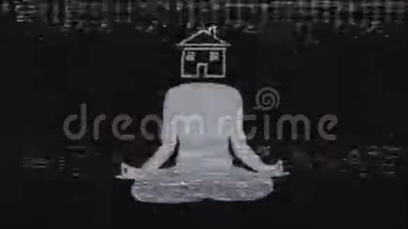 一个冥想的人的白色轮廓快速改变各种符号而不是他的头在黑色背景上视频的预览图