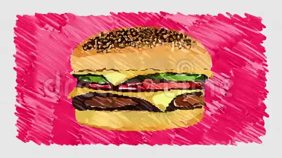 3张画汉堡卡通手工动画标记贴水彩画无缝环背景新质量通用视频的预览图