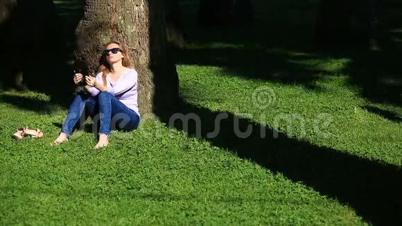 英俊的女人坐在棕榈树下用智能手机上网视频的预览图