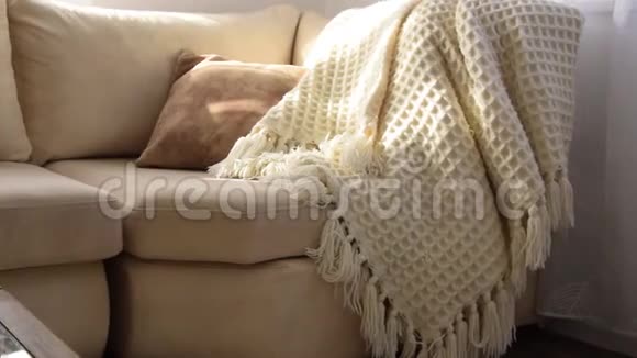 时尚明亮的客厅内部手工毛毯舒适沙发视频的预览图