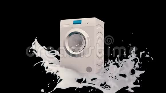 用电子面板在白色飞溅的黑色背景上旋转的白色洗衣机的抽象三维模型视频的预览图